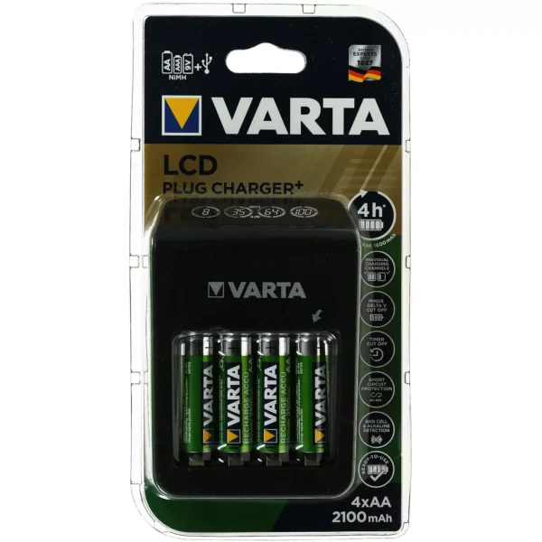 Varta Steckerlader / Ladegerät mit LCD-Anzeige und USB inklusive 4x Varta AA-Akkus R2U 2100mAh